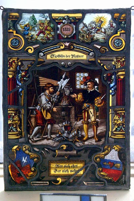 Witraż "Pracownia Płatnerza" wykonany w niemieckiej pracowni w roku 1887.