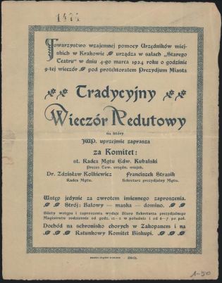 Reprodukcja oryginalnego zaproszenia na Tradycyjny Wieczór Redutowy organizowany w salach Starego Teatru 4 marca 1924 r. 
(Muzeum Historyczne Miasta Krakowa) 