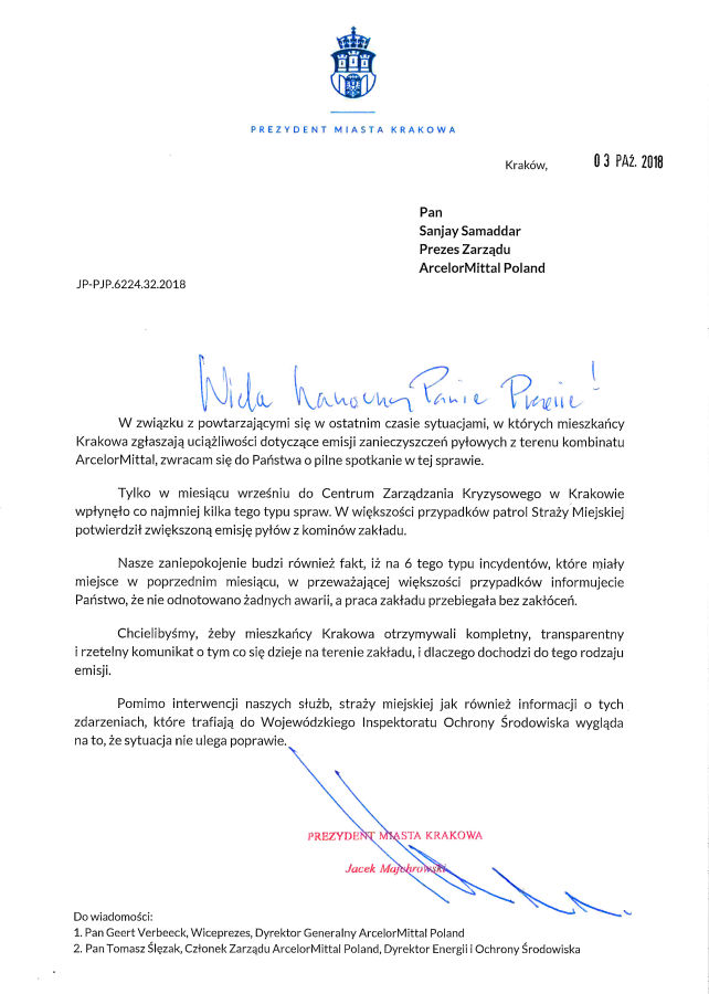 Pismo prezydenta Jacka Majchrowskiego