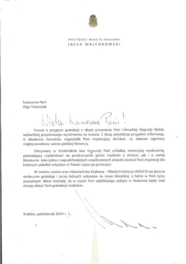 List gratulacyjny prezydenta Jacka Majchrowskiego dla Olgi Tokarczuk