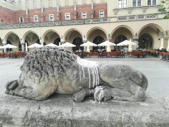 Dewastacja kamiennego lwa przed wieżą Ratuszową