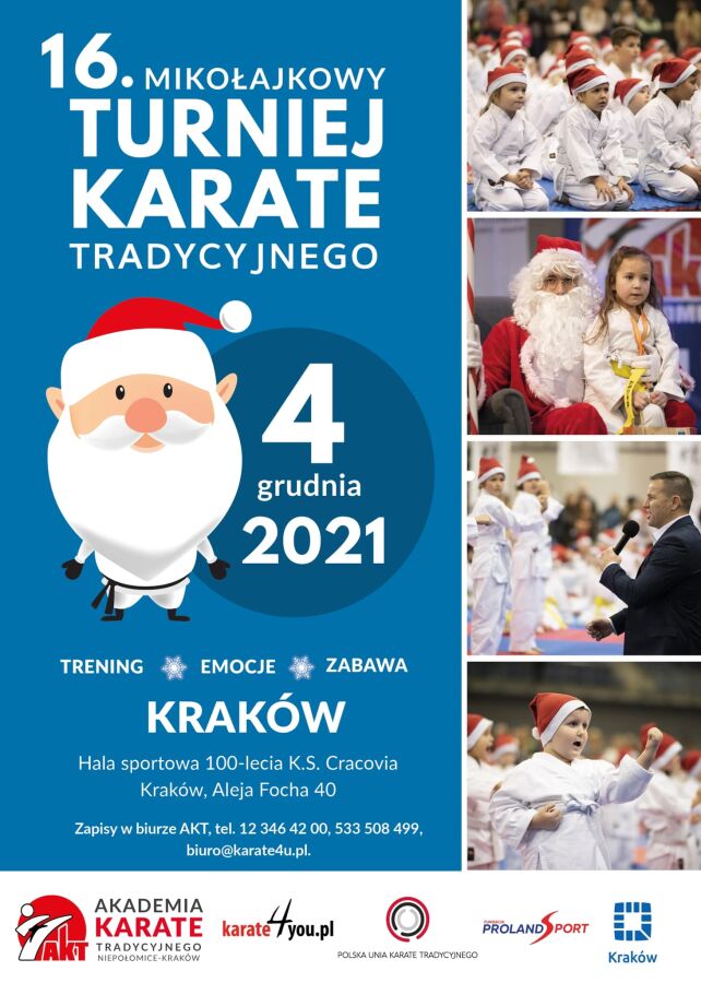 Zdjęcie przedstawia banner informacyjny dotyczący turnieju karate tradycyjnego który odbędzie się 3, 4 grudnia 2021 roku.