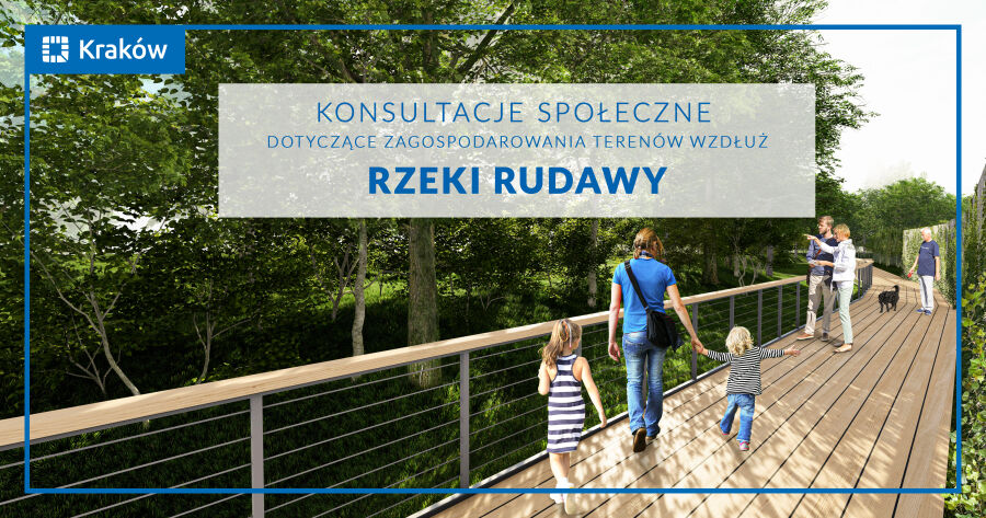 Plakat - konsultacje dotyczące zagospodarowania terenów wzdłuż rzeki Rudawy (ludzie na drewnianym pomoście wśród zieleni).