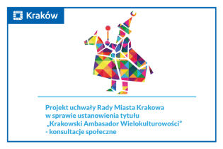 Kolorowy Lajkonik na białym tle, wkoło niebieska rama Krakowa, tytuł konsultacji pod spodem 