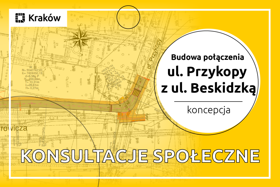 jeden z trzech wariantów budowy drogi na żółtym tle z tekstem: Budowa połączenia ul. Przykopy z ul. Beskidzką - Konsultacje społeczne