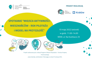 Rysunki postaci z dymkami jak w komiksach oraz teksty "Miejsca Aktywności Mieszkańców - rok pilotażu i model na przyszłość" 