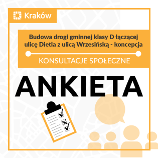 układ dróg jako tło, na nim żółte postacie w kształcie koła i prostokątu, dodatkowo o grafika ankiety i tytuł konsultacji. Ogólnie grafika utrzymana w kolorach żółty, czarny i biały.