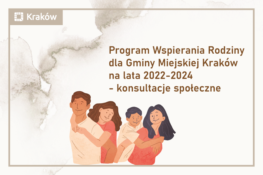Na grafice znajdują się cztery osoby. Mężczyzna, dziewczynka, chłopiec i kobieta. Przytulają się do siebie w parach. Całość w kolorze biało, beżowo, czerwonym. Jest także tytuł konsultacji.