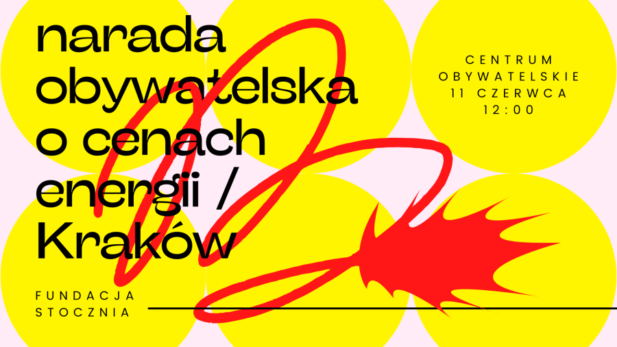 Na białym tle, 6 żółtych kropek,3 w pierwszej linii i 3 poniżej.Na tym z lewej strony tytuł na czarno.Po środku czerwony spętlony "kabel" z wybuchem na końcu.W lewym rogu napis Fundacja Stocznia