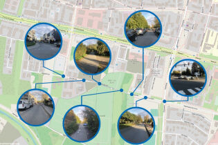 fragment planu Krakowa z rejonem planowanej inwestycji zdjęciami charakterystycznych punktów