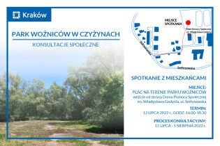 Po lewej: zdjęcie drzew. po prawej: mapka z zaznaczonym miejscem spotkania konsultacyjnego 12 lipca 2022 r. w godzinach 16.00-18.30, wejście od Domu Pomocy Społecznej ul. Sołtysowska 13D