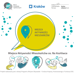 Na środku jest dymek dialogu z napisem Miejsce Aktywności Mieszkańców. Na górze są logo partnerów projektu a na dole postacie dyskutujące ze sobą.