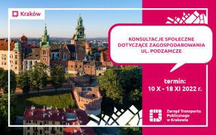 Widok z góry na Wawel od strony ul. Podzamcze, po prawej stronie na czerwonym tle napis: konsultacje społeczne dotyczące zagospodarowania ul. Podzamcze
termin: 10 X - 18 XI 2022 r.
