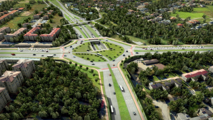 wizualizacja z lotu ptaka fragmentu Trasy Zwierzynieckiej