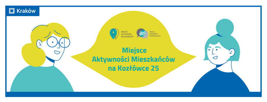 Dwie osoby po dwóch stronach, które łączy wspólny dymek dialogowy a w nim tekst: Miejsce Aktywności Mieszkańców Na Kazłówce 25.