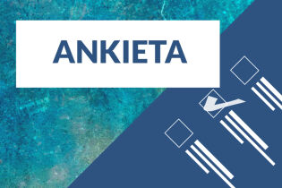 Napis Ankieta na niebieskim tle i grafika przypominająca pytania z okienkami do zaznaczenia odpowiedzi.