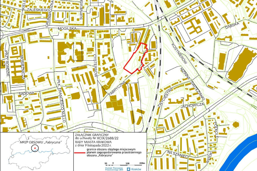 granice projektu miejscowego planu zagospodarowania przestrzennego obszaru "Fabryczna"