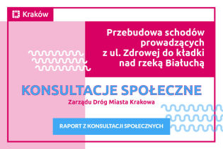 Tytuł na różowym prostokącie: Przebudowa schodów prowadzących z ul. Zdrowej do kładki nad rzeką Białuchą", zadanie z Dzielnicy IV Prądnik Biały. Konsultacje społeczne. Zarząd Dróg Miasta Krakowa. 
