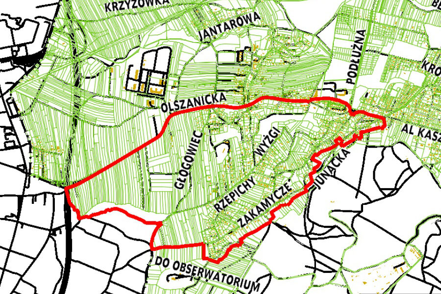 granice miejscowego planu zagospodarowania przestrzennego obszaru "Zakamycze"