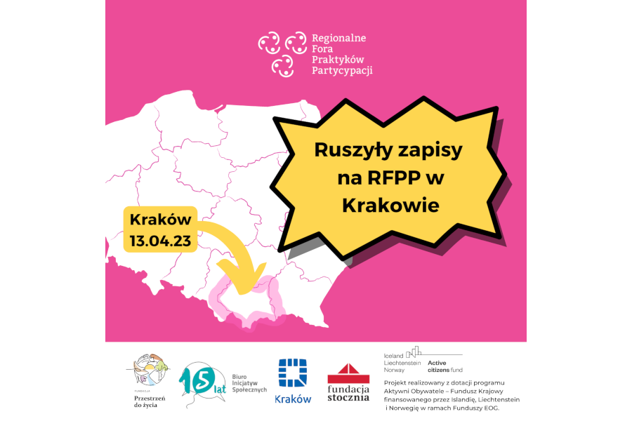 Biała mapa polski z podziałem na województwa i napis: Regionalne Fora Praktyków Partycypacji Kraków 13.04.23 Ruszyły zapisy na RFPP w Krakowie!