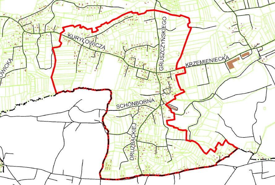 Granice projektu miejscowego planu zagospodarowania przestrzennego obszaru "Soboniowice II"