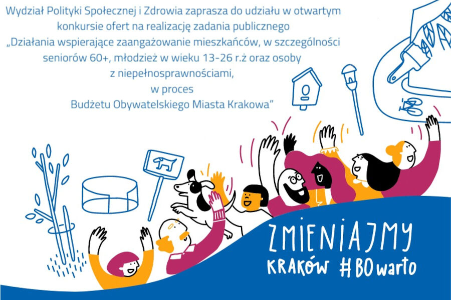 rysunek grupy mieszkańców i zrealizowanych inwestycji z budżetu obywatelskiego, w tym drzewka, psiego wybiegu, ścieżki rowerowej, latarni, budki lęgowej dla ptaków
