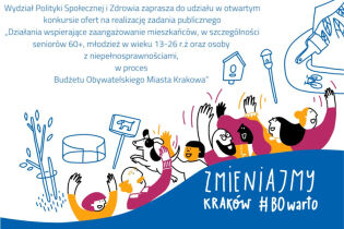 rysunek grupy mieszkańców i zrealizowanych inwestycji z budżetu obywatelskiego, w tym drzewka, psiego wybiegu, ścieżki rowerowej, latarni, budki lęgowej dla ptaków