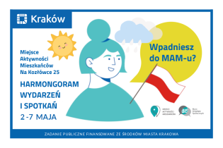 Rysunek kobiety z biało-czerwoną chorągiewką, w tle uśmiechnięte słońce i chmurki z lekkim deszczem