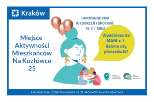 Rysunek kobiety z balonikami i ludzi grających w grę planszową