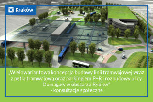 Grafika komputerowa przedstawiająca widok z góry na projektowaną pętlę tramwajową z pętlą autobusową i parkingiem wielopoziomowym.