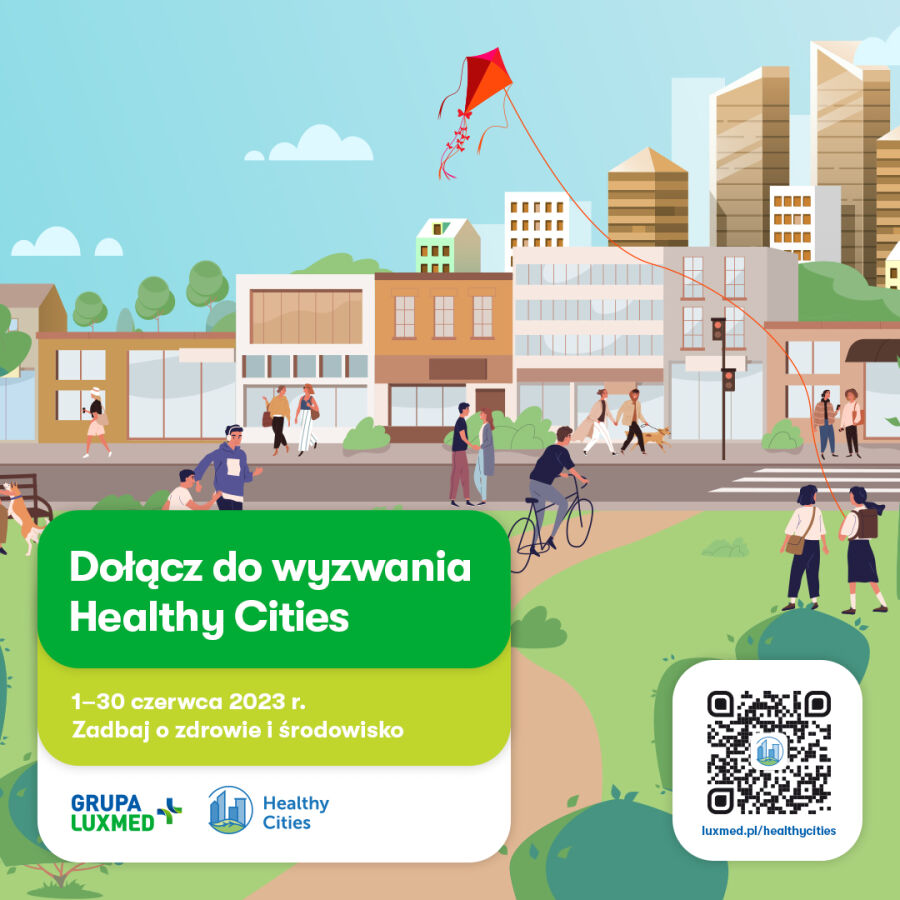 rysunek ludzi chodzących i jadących na rowerze na tle zieleni i miejskiej ulicy