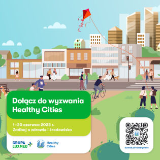 rysunek ludzi chodzących i jadących na rowerze na tle zieleni i miejskiej ulicy