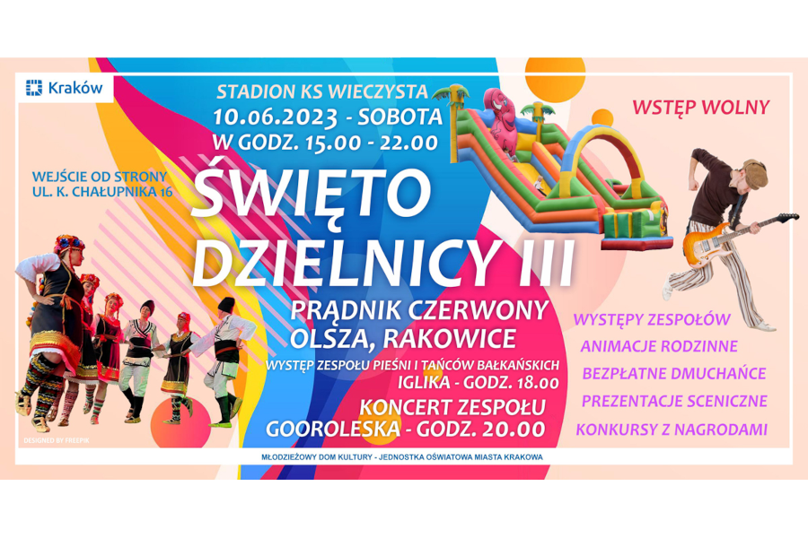 kolorowy kolarz przedstawiający zespół pieśni i tańca, dmuchaną zjeżdżalnię i chłopaka grającego na gitarze elektrycznej