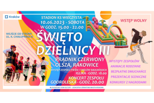 kolorowy kolarz przedstawiający zespół pieśni i tańca, dmuchaną zjeżdżalnię i chłopaka grającego na gitarze elektrycznej
