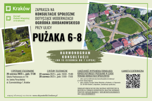 zdjęcie z lotu ptaka ogródka jordanowskiego poddawanego konsultacjom i zdjęcie fragmentu podobnej inwestycji. Jako tekst podano harmonogram konsultacji