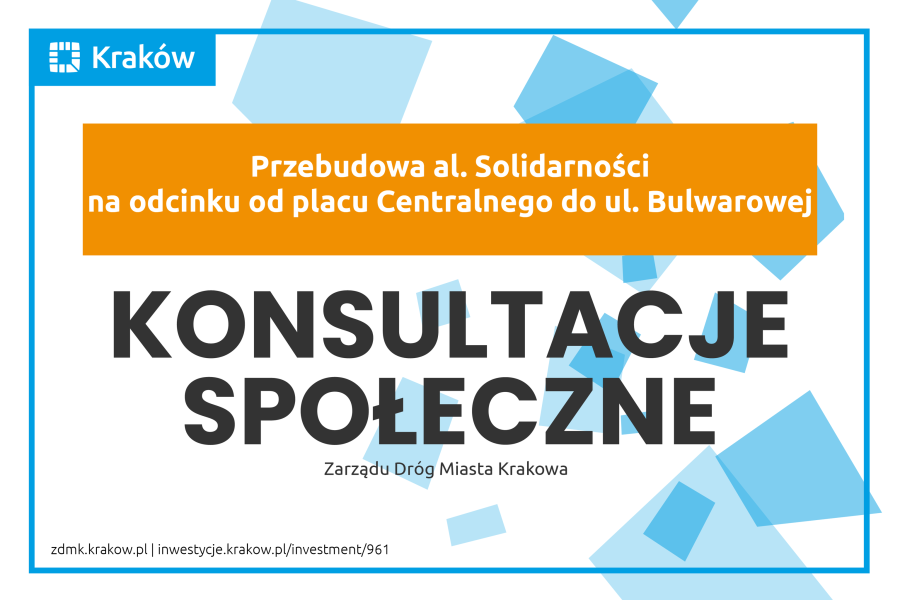 Napis na kolorowym tle: przebudowa al. Solidarności na odcinku od placu Centralnego do ul. Bulwarowej