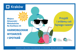 Rysunek przedstawiający portret kobiety w okularach słonecznych z napojem chłodzącym i arbuzem, a nad nią uśmiechnięte słońce