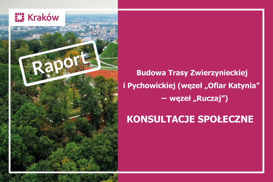 Z lewej strony zdjęcie okolic kopca Tadeusza Kościuszki i jego fragmentu, z prawej napis „Budowa Trasy Zwierzynieckiej i Pychowickiej