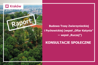 Z lewej strony zdjęcie okolic kopca Tadeusza Kościuszki i jego fragmentu, z prawej napis „Budowa Trasy Zwierzynieckiej i Pychowickiej