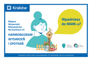 Rysunek przedstawiający portret kobiety, przed nią fragment płotu, budka dla ptaków z siedzącym na niej ptakiem i kwiaty w doniczkach