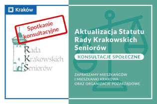 Po lewej rysunek Bramy Floriańskiej z napisem Rada Krakowskich Seniorów i pieczątką spotkanie konsultacyjne; po prawej informacja o terminie konsultacji Aktualizacji Statutu Rady Krakowskich Seniorów.