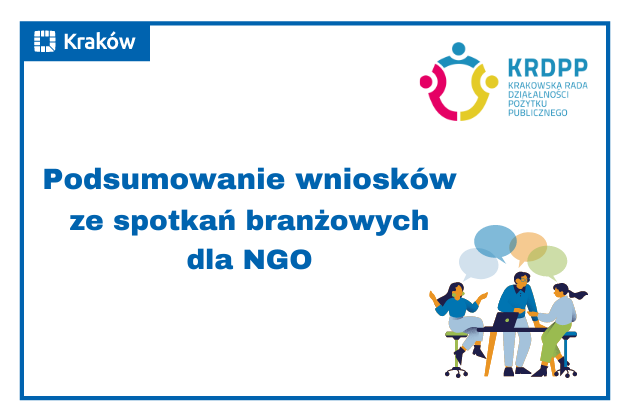 Rysunek przedstawiający dwie kobiety i mężczyznę dyskutujących przy stoliku z laptopem i napis: Podsumowanie wniosków ze spotkań branżowych z NGO 