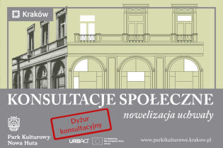 Rysunek przedstawiający kamienice w Nowej Hucie z lat pięćdziesiątych XX wieku