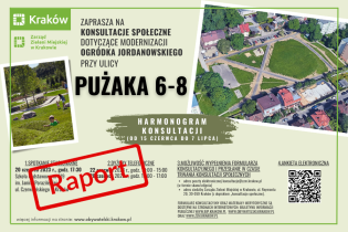 zdjęcie z lotu ptaka ogródka jordanowskiego poddawanego konsultacjom i zdjęcie fragmentu podobnej inwestycji. Jako tekst podano harmonogram konsultacji