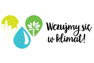Napis Wczujmy się w klimat! i rysunki miasta i drzewa wkomponowane w kształt kropli wody.