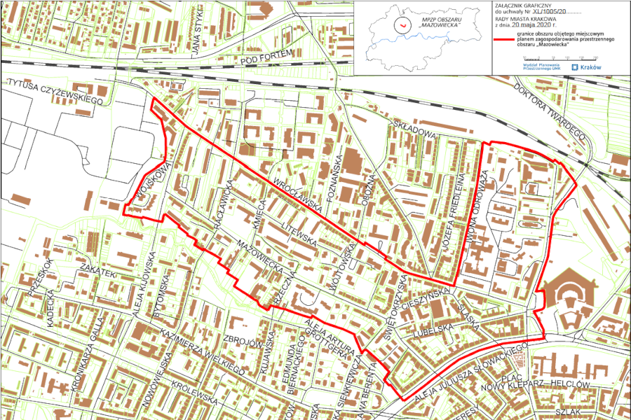 Granice projektu miejscowego planu zagospodarowania przestrzennego obszaru "Mazowiecka"