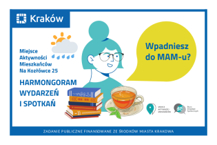 Rysunek przedstawiający portret kobiety w okularach, przed nią stos książek i filiżanka herbaty a obok niej słońce wychodzące zza deszczowej chmury