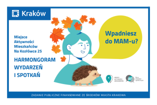Rysunek przedstawiający portret kobiety, przed, którą stoi jeż a nad nią unoszą się żółto-pomarańczowe liście 
