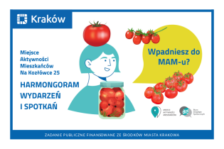Rysunek przedstawiający portret kobiety z pomidorem na głowie, przed którą stoi słoik z przetworami z pomidorów, w tle gałązki z pomidorami.
