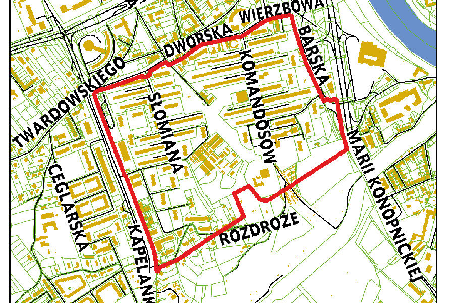 Granice projektu miejscowego planu zagospodarowania przestrzennego obszaru "OSIEDLE PODWAWELSKIE"